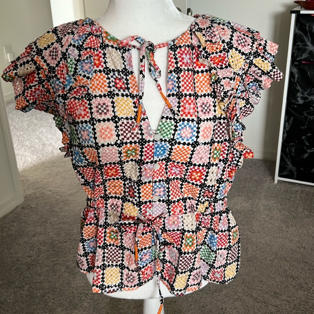 NWT Maeve Anthropologie Granny Square Pattern shirt M - Picture 3 of 11